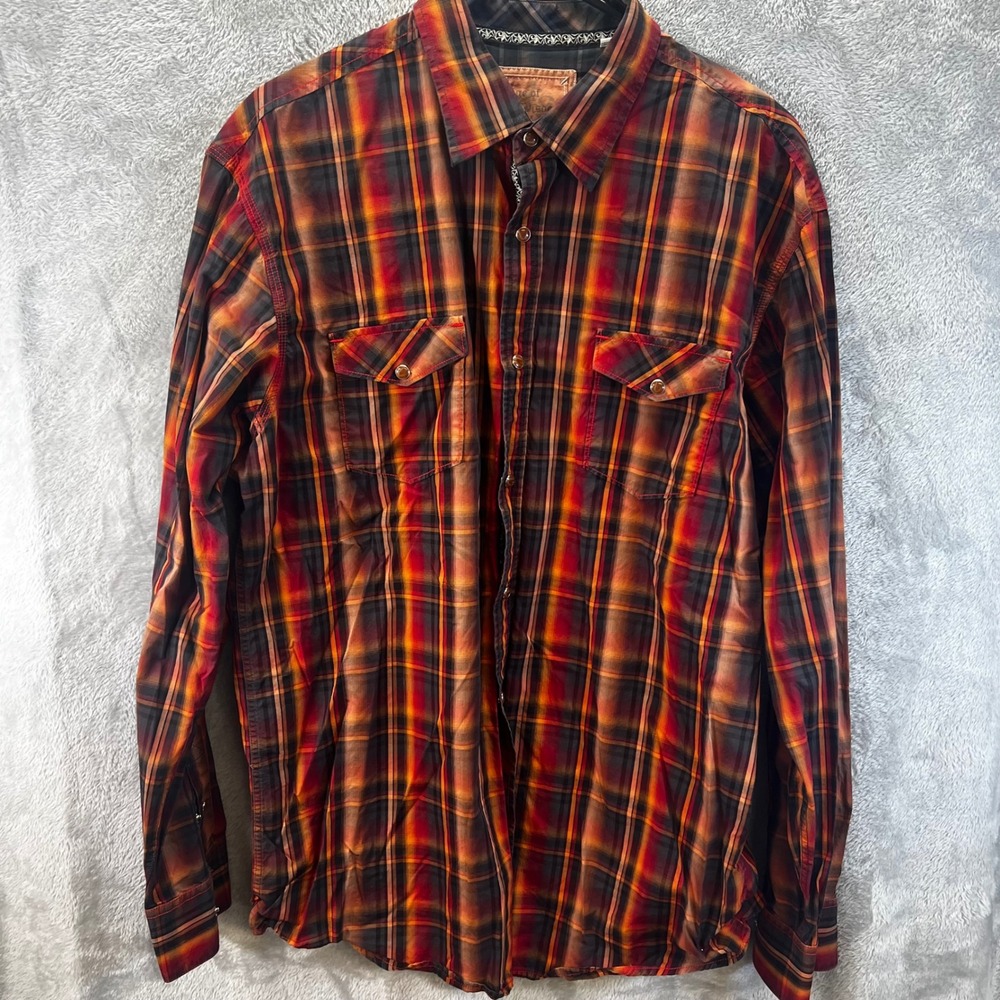 Age of Wisdom Mens XL Western Pearl Snap Plaid Shirt Red Orange‎ Cowboy Gorpcore